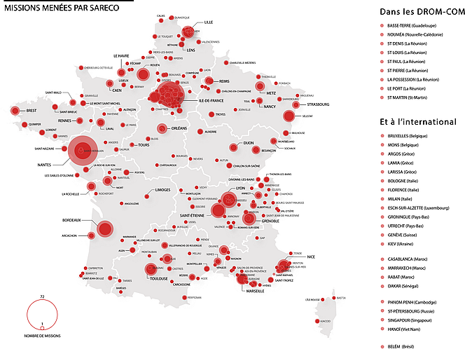 Carte de localisation des missions menées par Sareco